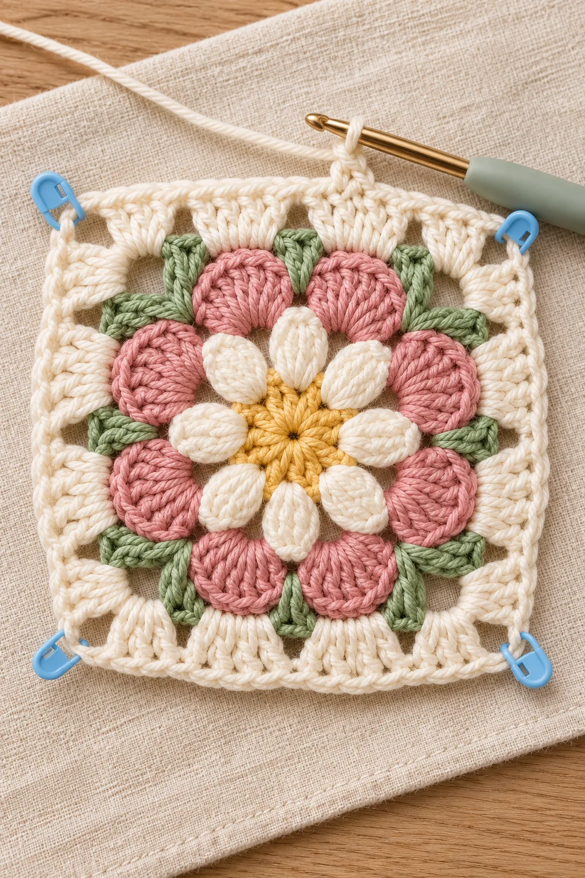 Counted gold and cream circular support rounds for a raised daisy granny square with stitch markers