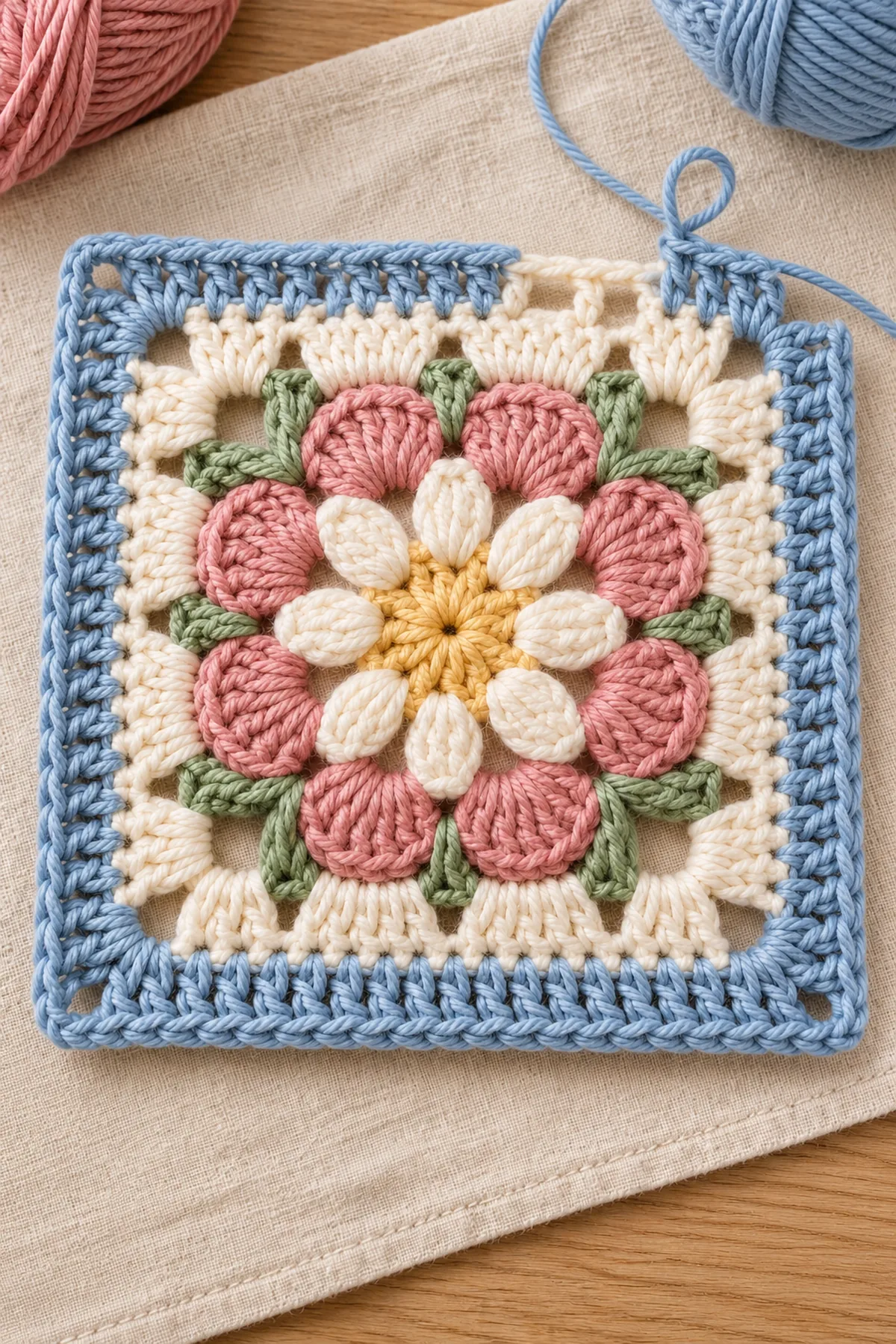 Daisy crochet motif squared with cream open corners before the powder-blue frame
