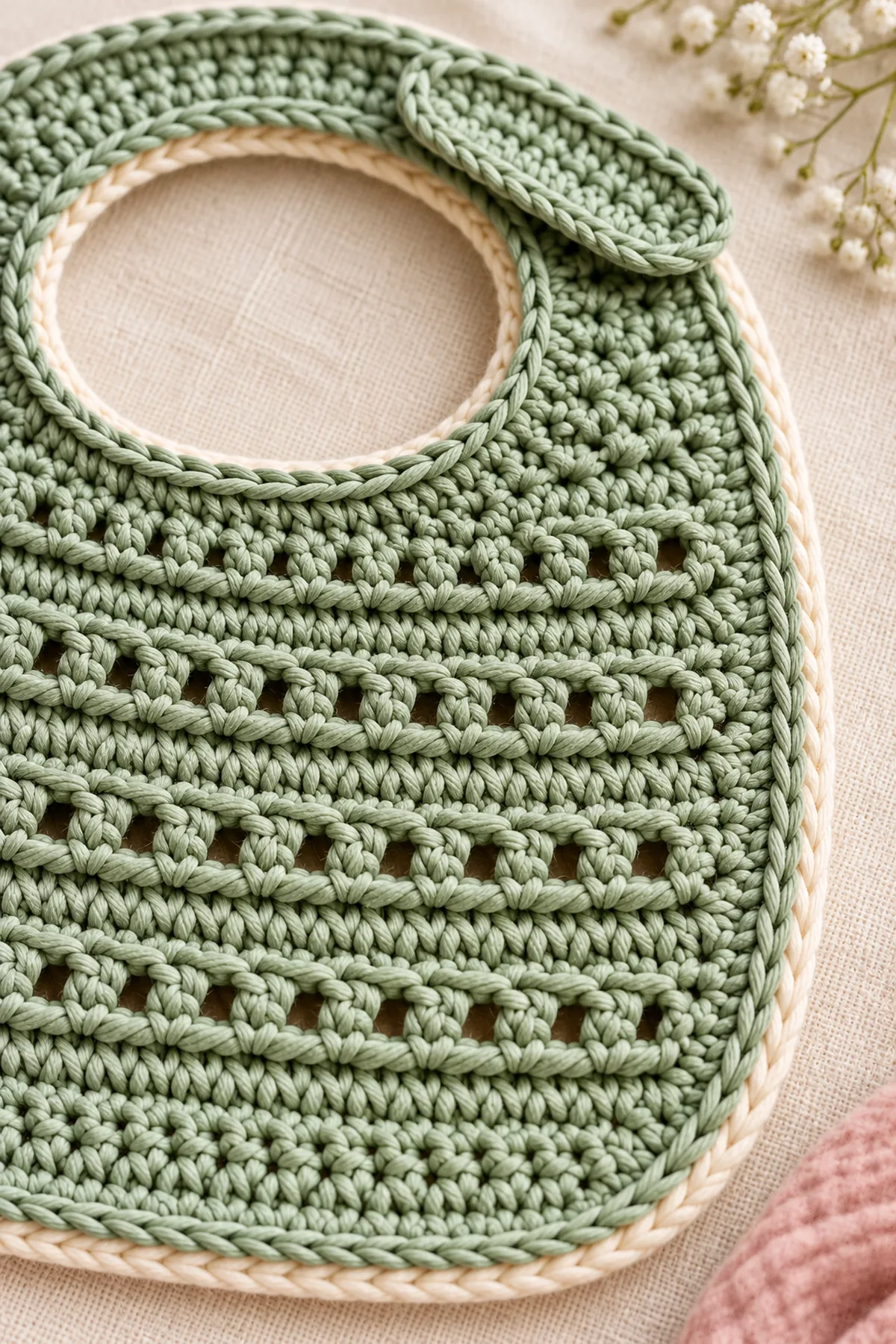 Close view of stitches and finishing on reversible eyelet cotton baby bib with side tab – free pattern