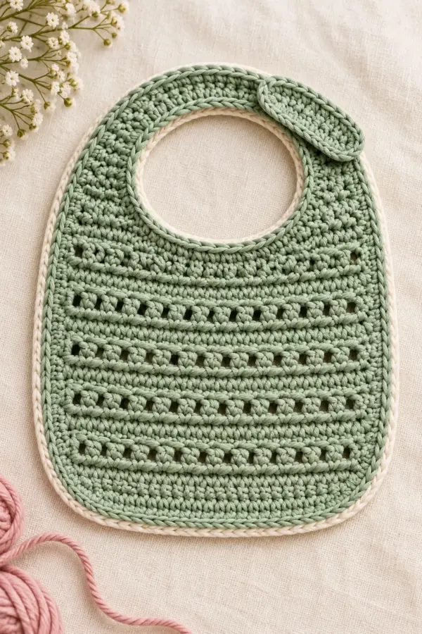 Sage dusty rose and cream reversible cotton crochet baby bibs with eyelet texture