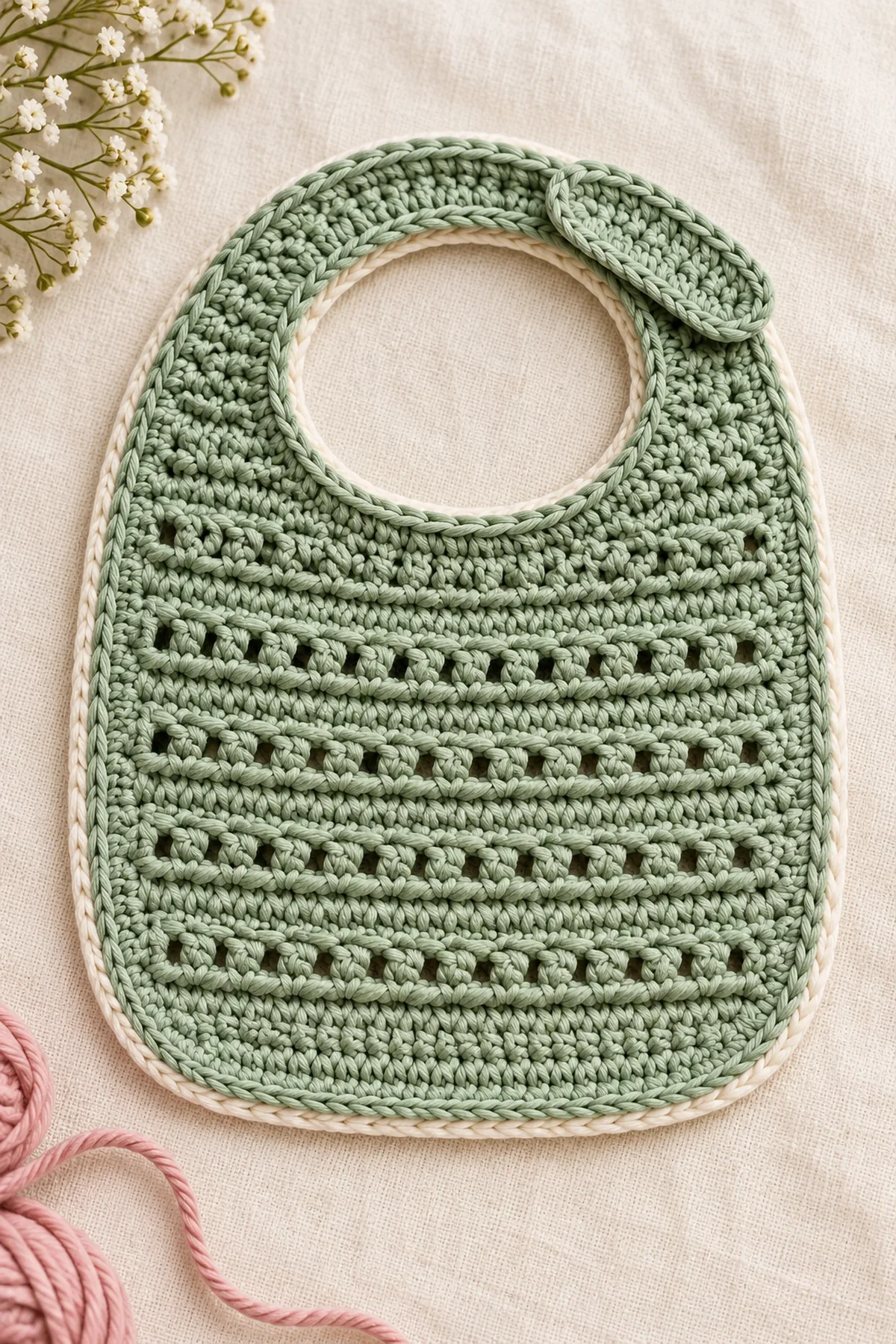Sage dusty rose and cream reversible cotton crochet baby bibs with eyelet texture