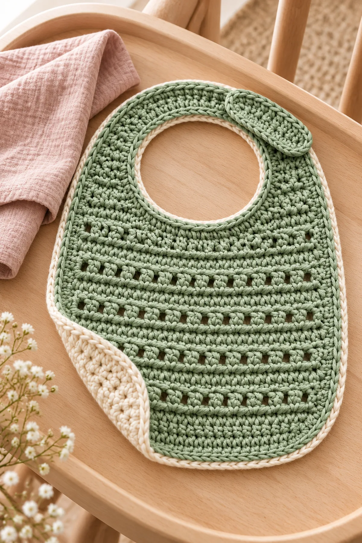 Finished reversible eyelet cotton baby bib with side tab – free pattern in a softly lit neutral setting