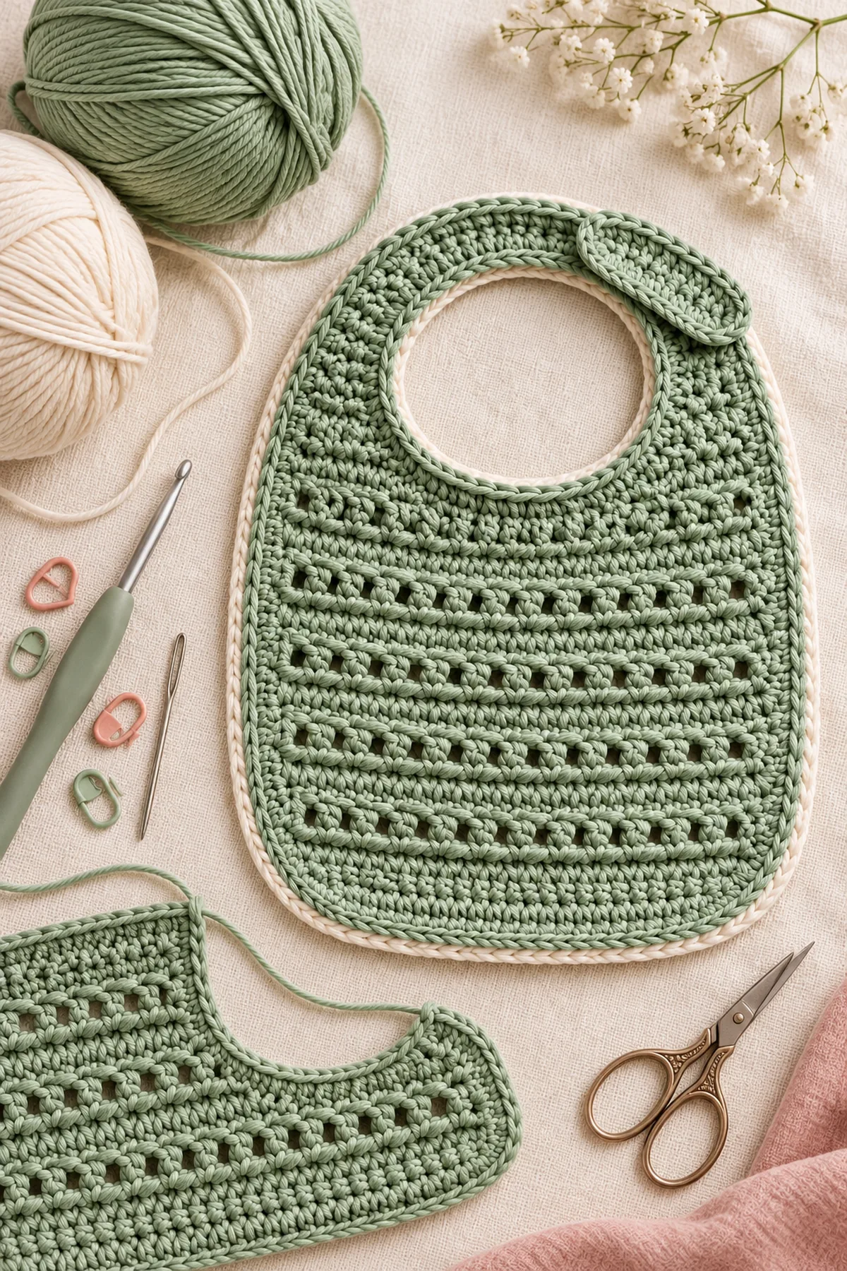 Yarn, hook, markers and tools for reversible eyelet cotton baby bib with side tab – free pattern