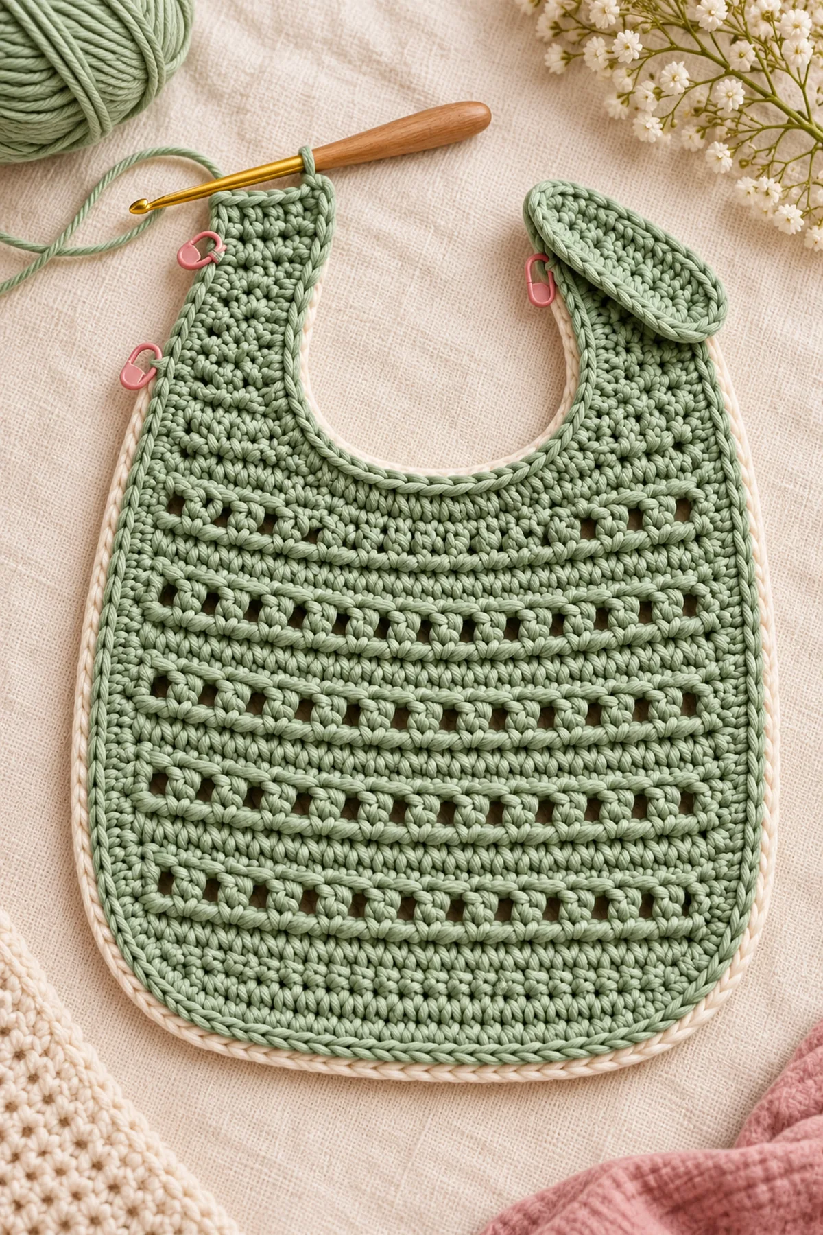 Early construction stage of reversible eyelet cotton baby bib with side tab – free pattern