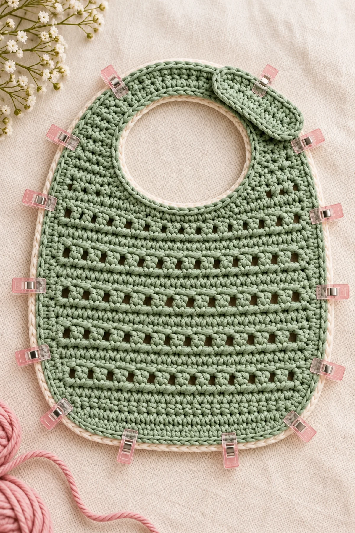 Shaping and assembly stage of reversible eyelet cotton baby bib with side tab – free pattern