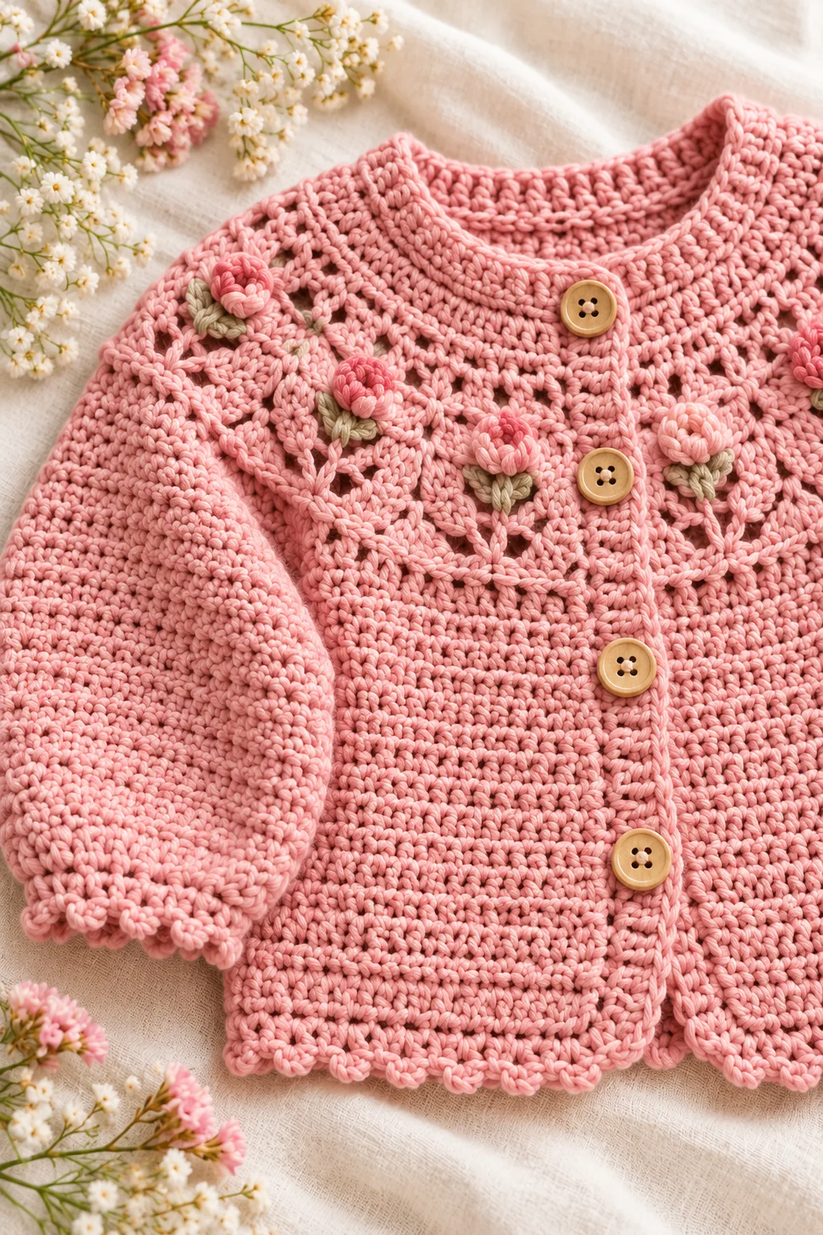 Close view of stitches and finishing on crochet rosebud lace circular-yoke baby cardigan