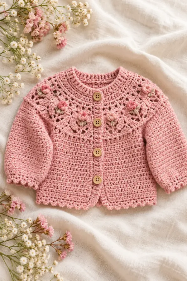 Blush crochet baby cardigan with radial lace yoke, rosebud bobbles and picot hem