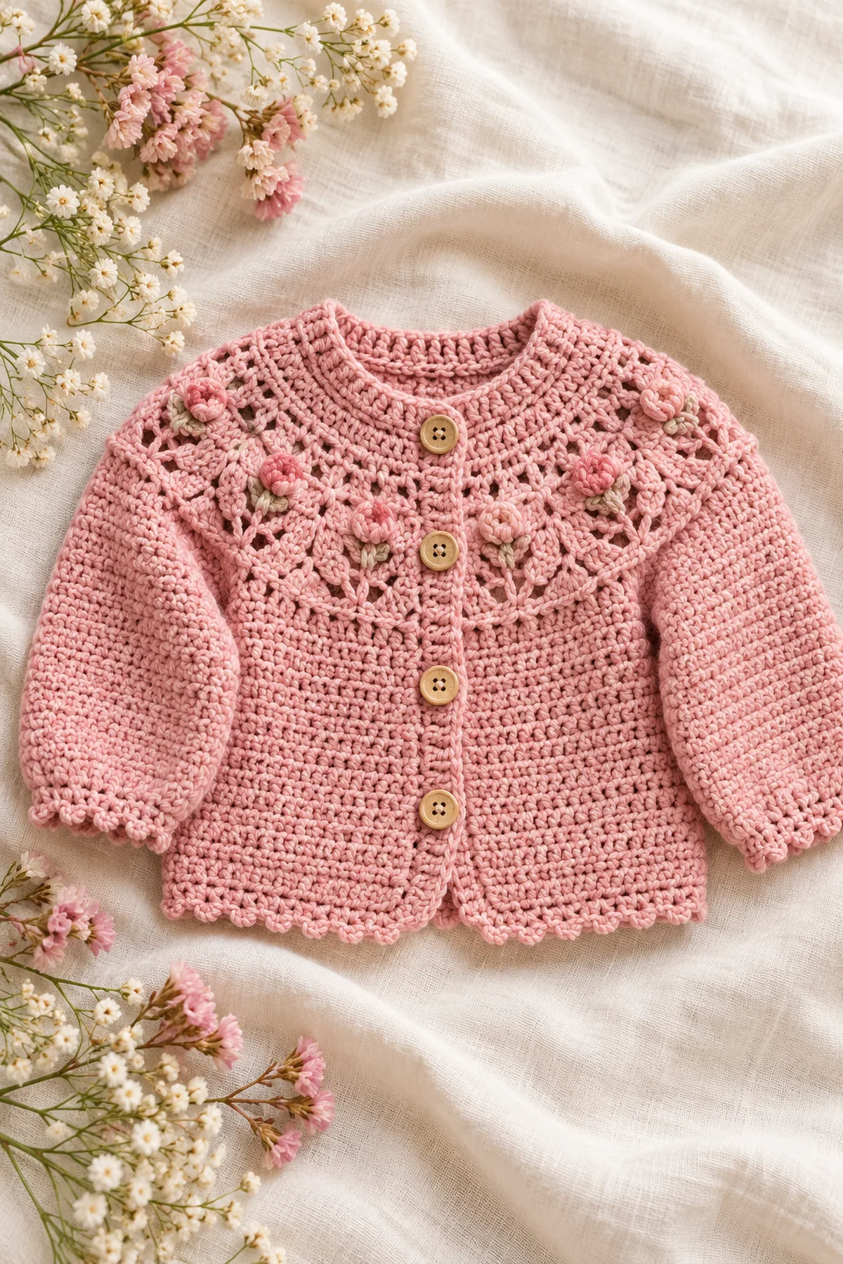 Blush crochet baby cardigan with radial lace yoke, rosebud bobbles and picot hem