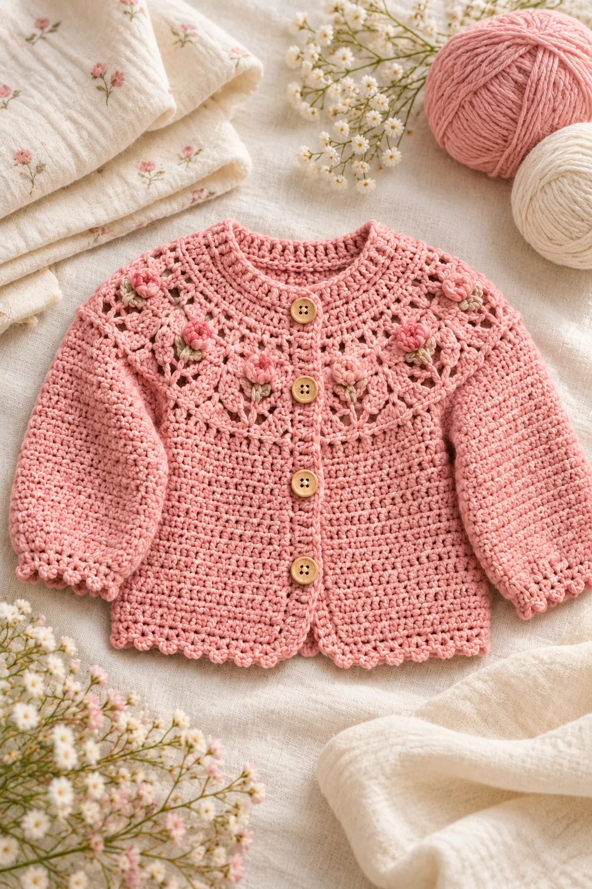 Finished crochet rosebud lace circular-yoke baby cardigan in a softly lit neutral setting