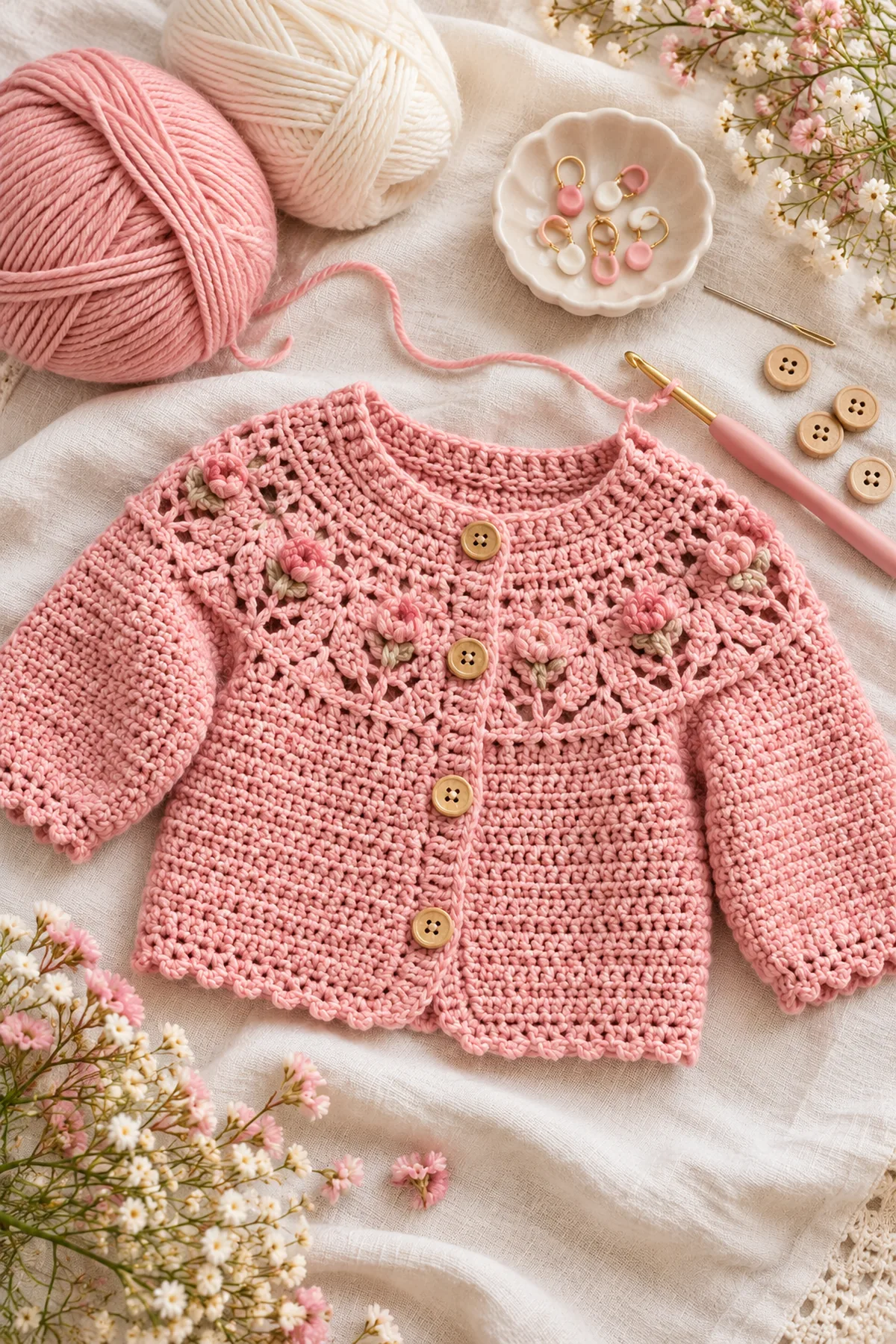 Yarn, hook, markers and tools for crochet rosebud lace circular-yoke baby cardigan