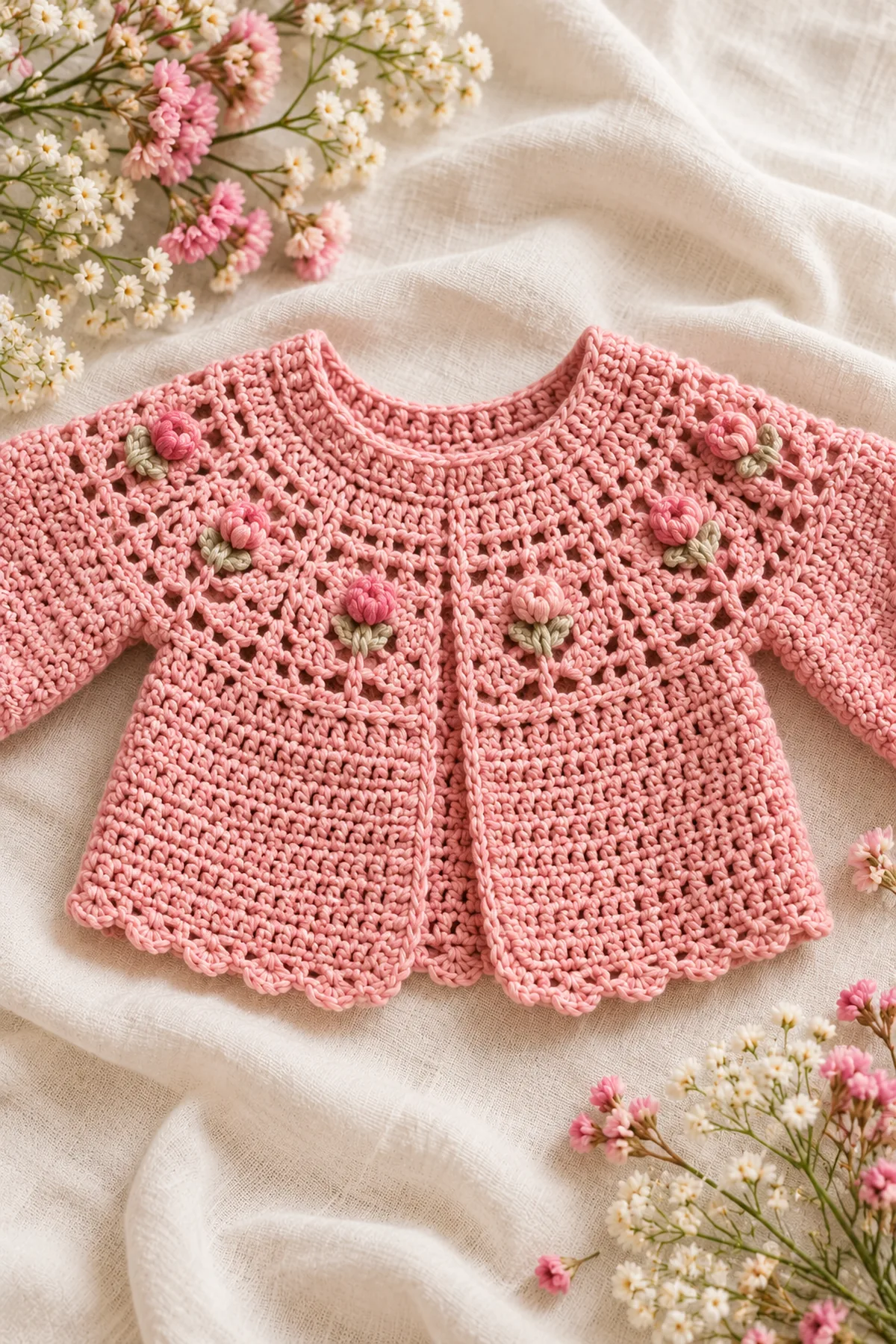 Early construction stage of crochet rosebud lace circular-yoke baby cardigan