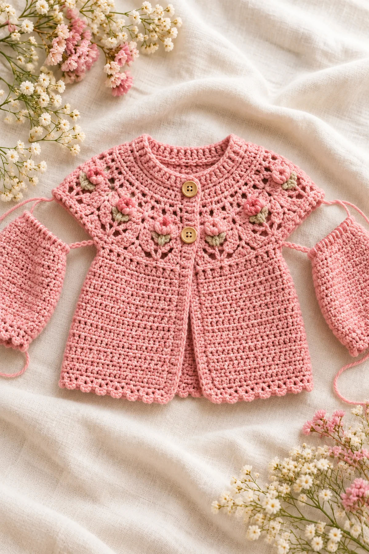 Shaping and assembly stage of crochet rosebud lace circular-yoke baby cardigan