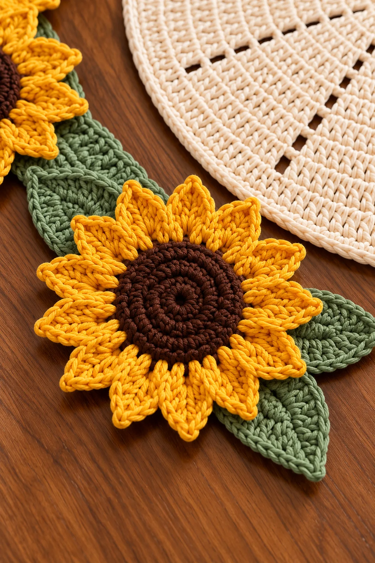Close detail of one golden pointed-petal sunflower with a dark textured center, two sage leaves sewn to a flat spine and an ivory radial-spoke placemat edge nearby