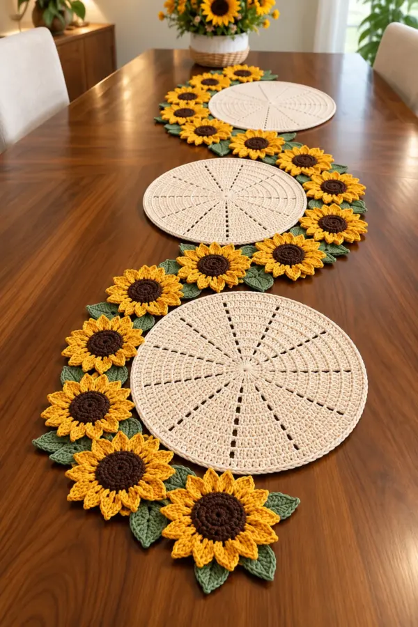 Rustic crochet table set arranged on a wooden dining table: one long sage runner with 15 golden sunflowers, dark brown centers and 30 leaves beside three separate ivory round radial-lace placemats