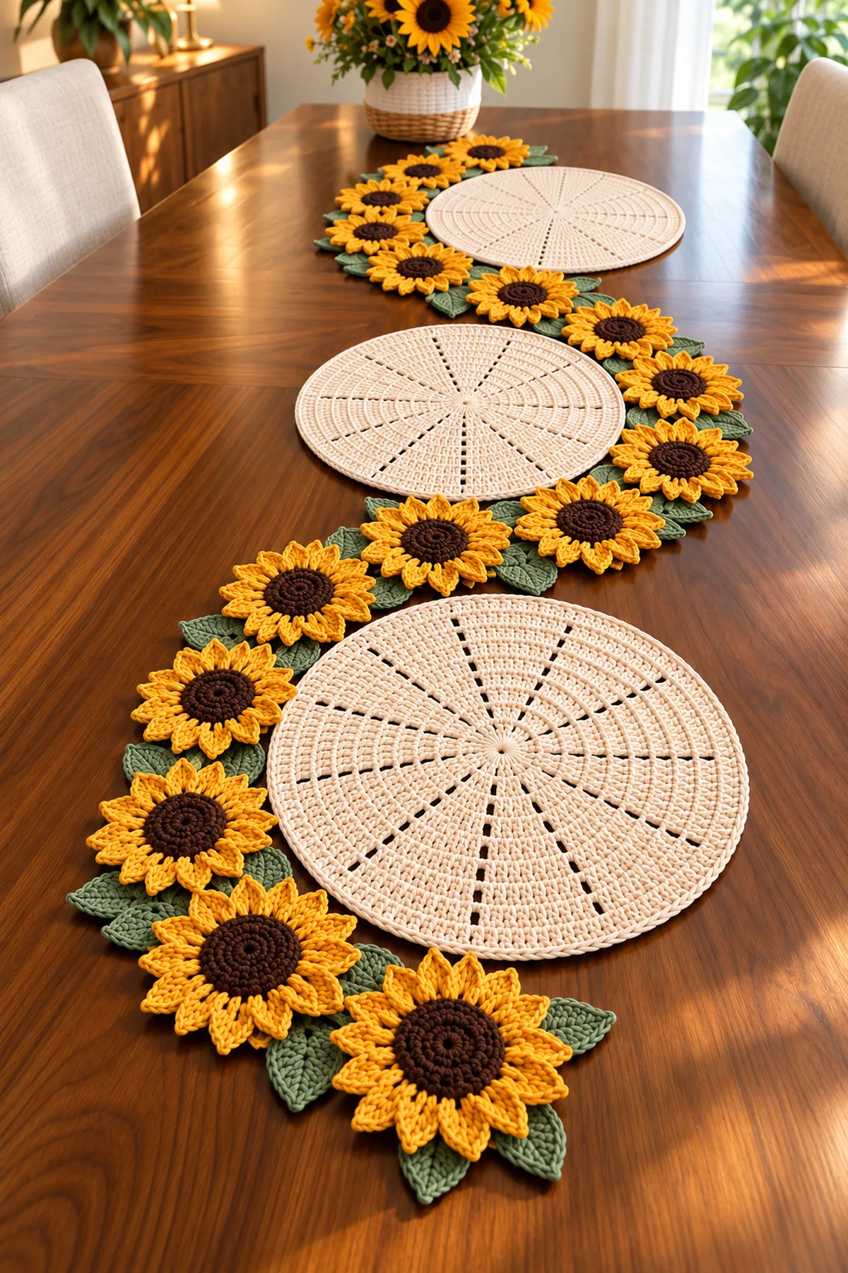 Completed sunflower crochet runner with 15 golden blooms and sage leaves arranged with three separate ivory circular 12-spoke placemats along a wooden dining table
