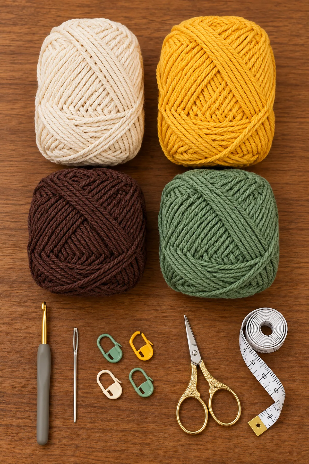 Ivory, golden-yellow, dark brown and sage DK cotton yarn with a 3.5 mm hook, stitch markers, tape measure and tapestry needle; no finished crochet pieces