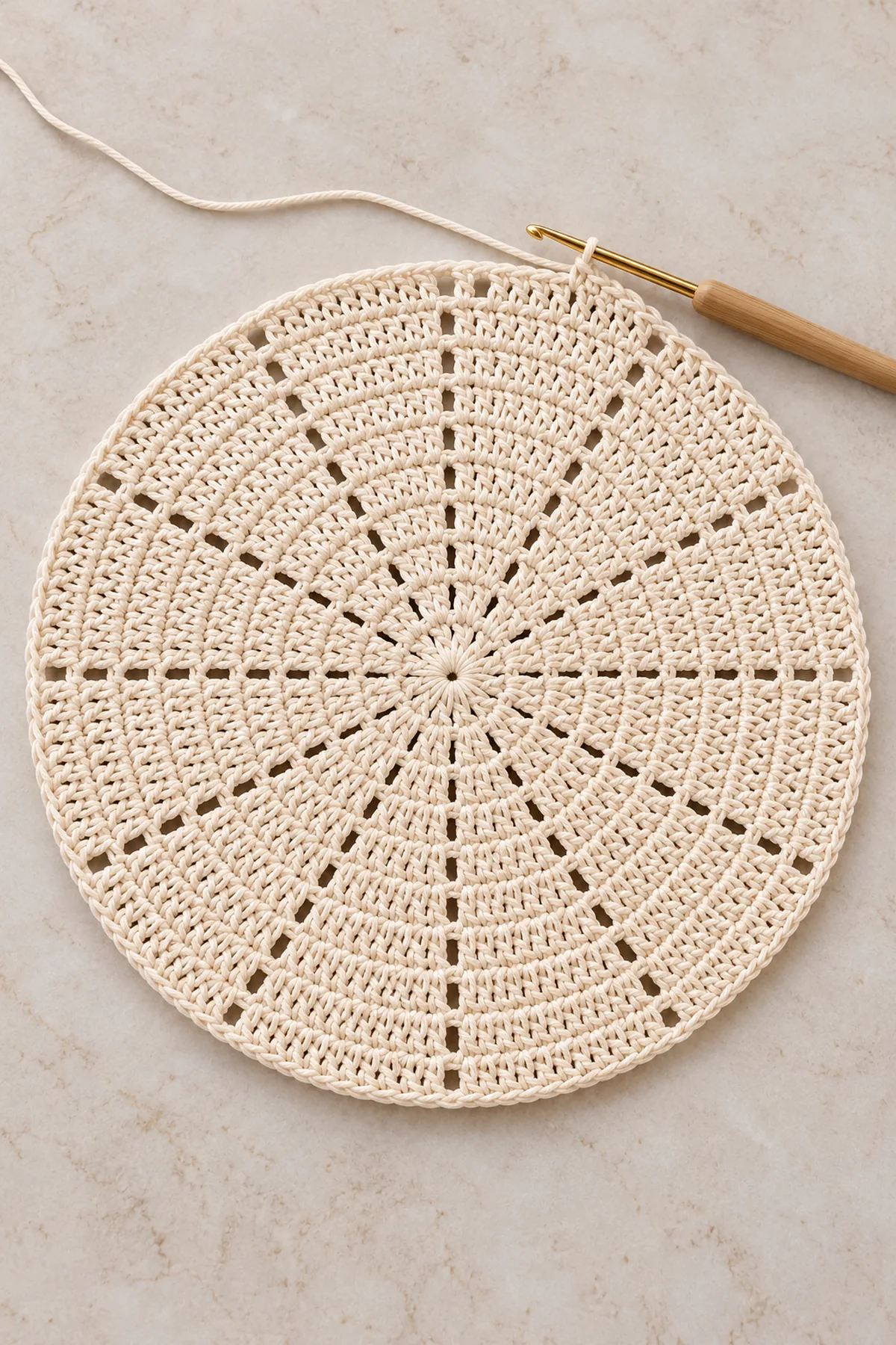 One ivory round crochet placemat in progress, showing 12 marked radial wedges and chain-one eyelet spokes before the smooth edge round
