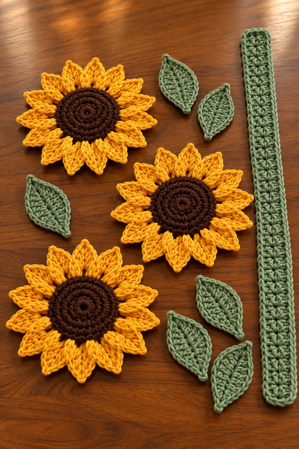 Separate crochet components before assembly: dark brown 16-stitch sunflower centers, pointed golden petals, sage leaves and a straight three-row spine strip