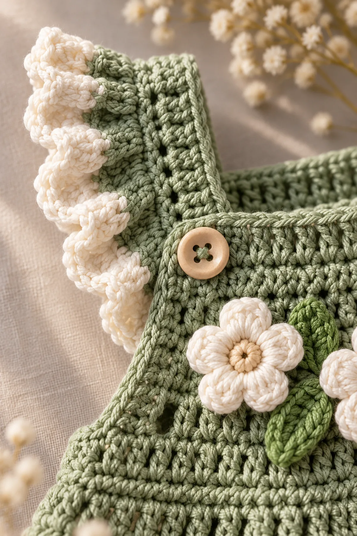 Close view of stitches and finishing on sage green ruffle baby romper free crochet pattern