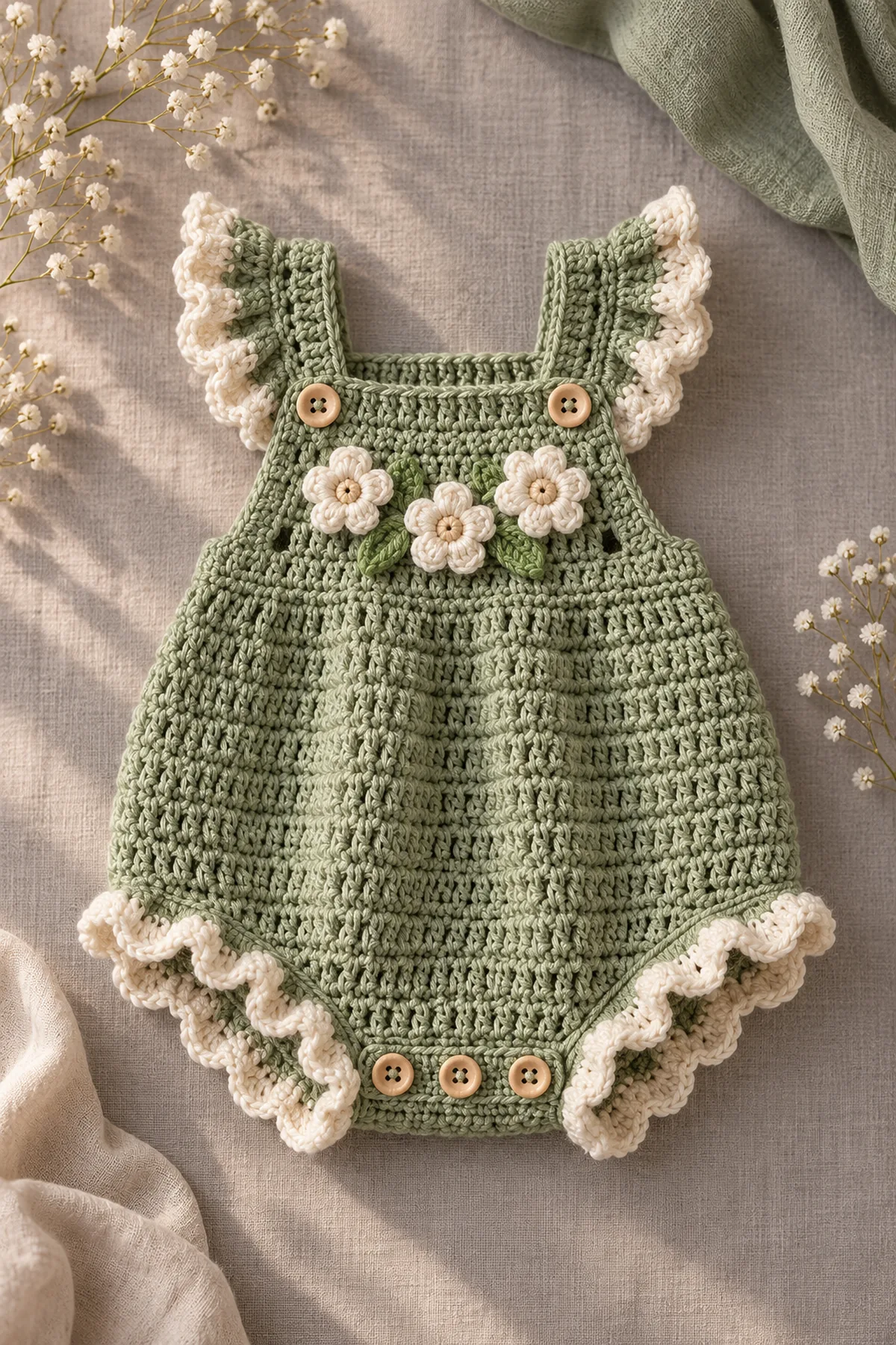 Sage green crochet baby romper with cream ruffle straps, scalloped cuffs and small flower appliqués