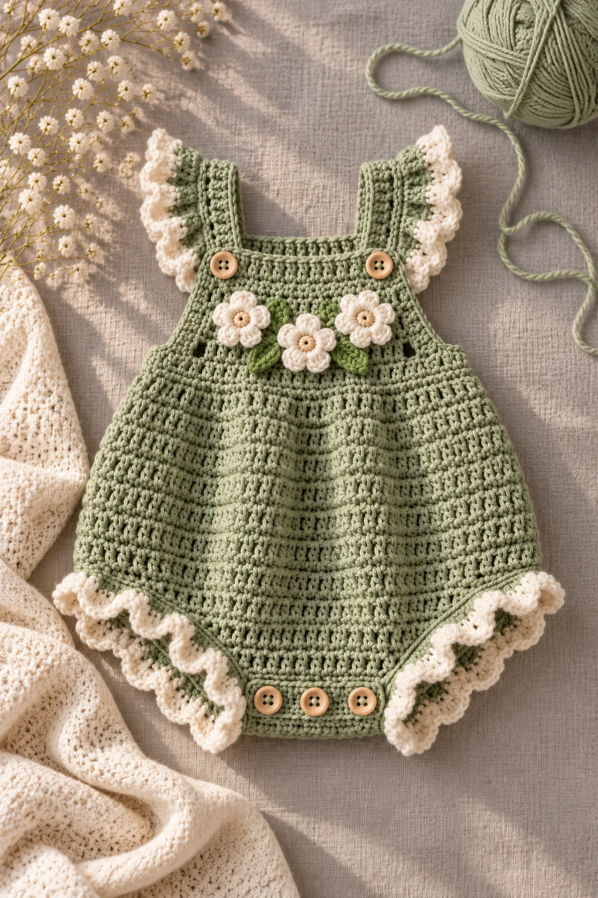 Finished sage green ruffle baby romper free crochet pattern in a softly lit neutral setting