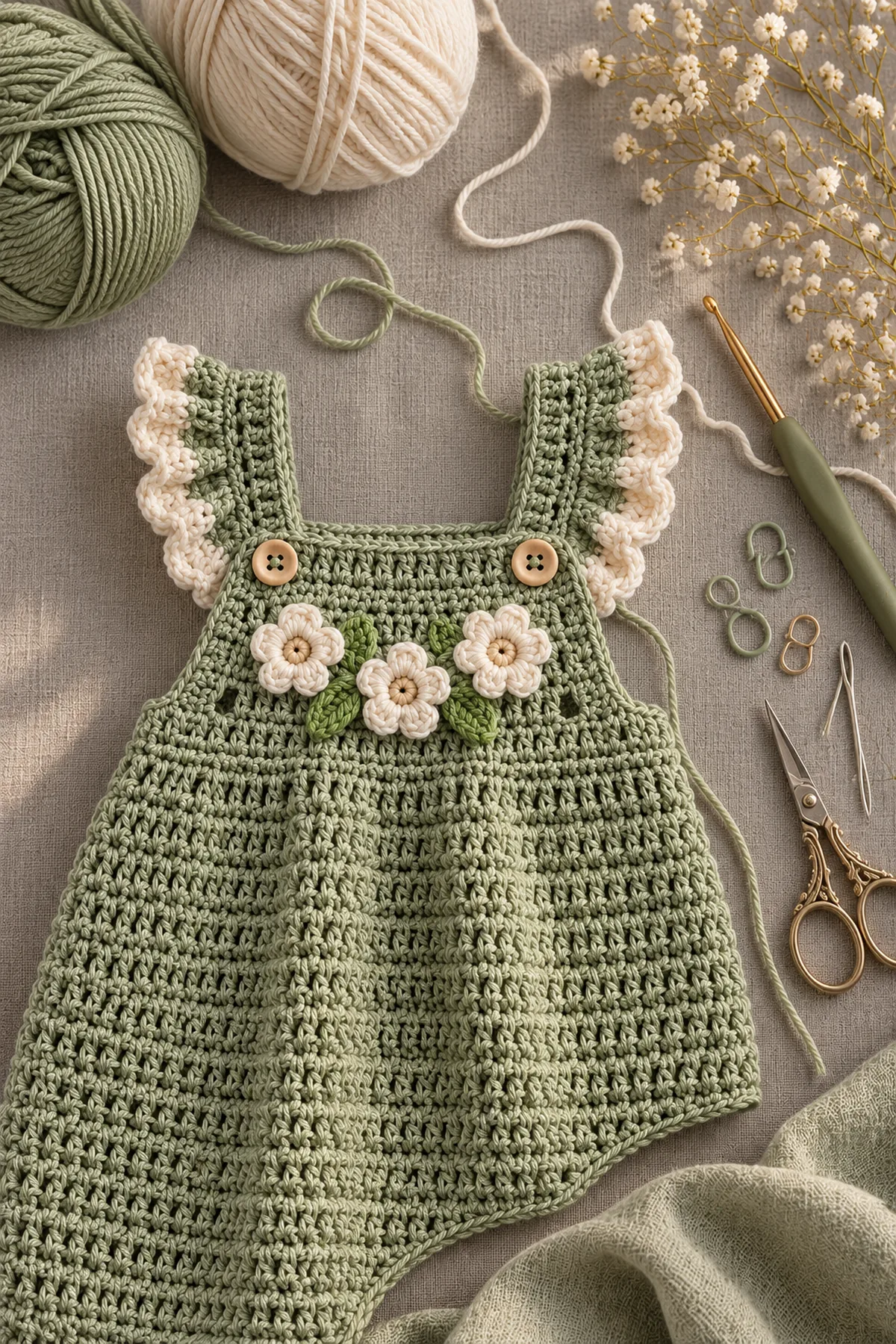 Yarn, hook, markers and tools for sage green ruffle baby romper free crochet pattern