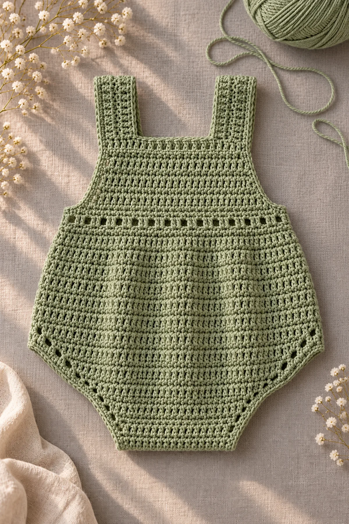 Early construction stage of sage green ruffle baby romper free crochet pattern