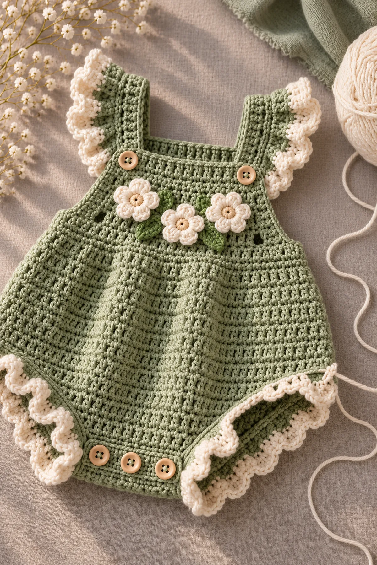 Shaping and assembly stage of sage green ruffle baby romper free crochet pattern