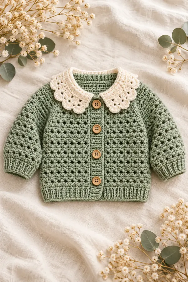 Sage crochet baby cardigan with round cream scalloped collar and saddle shoulders
