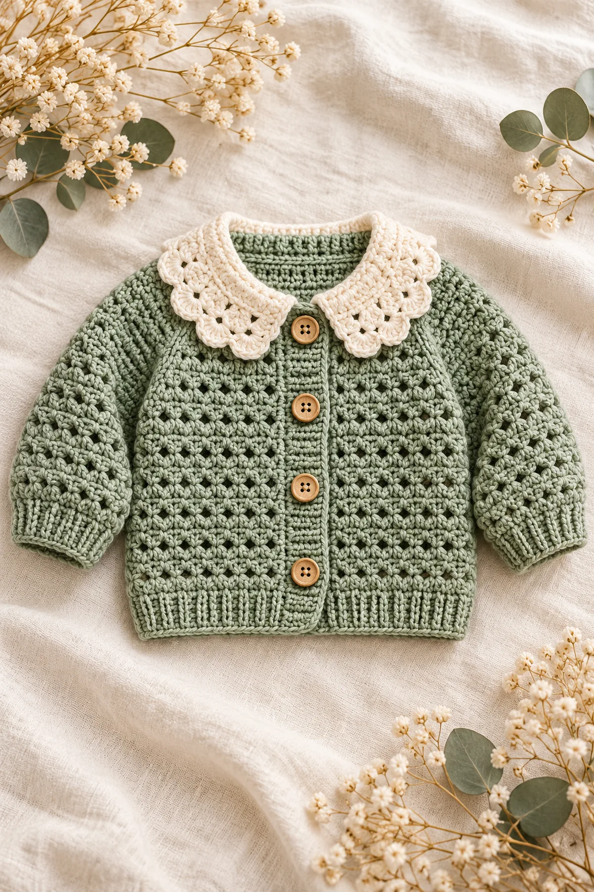 Sage crochet baby cardigan with round cream scalloped collar and saddle shoulders