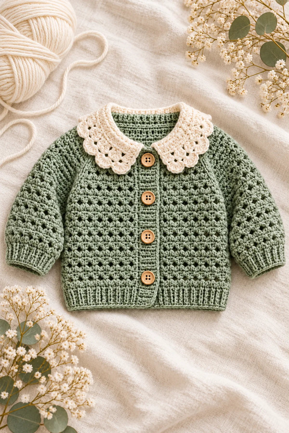 Finished crochet sage scallop-collar baby cardigan in a softly lit neutral setting
