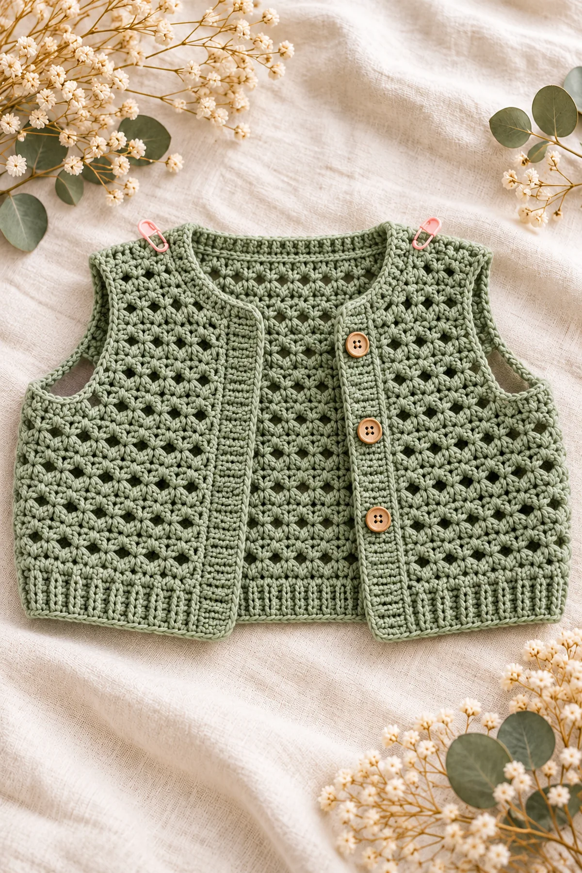 Early construction stage of crochet sage scallop-collar baby cardigan