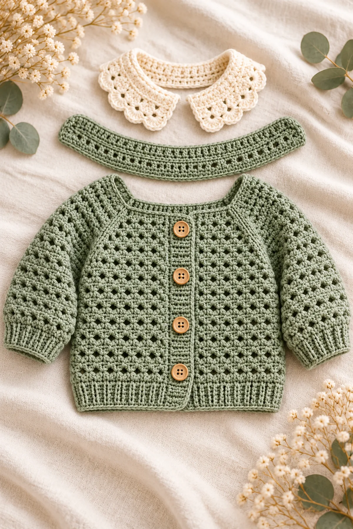 Shaping and assembly stage of crochet sage scallop-collar baby cardigan