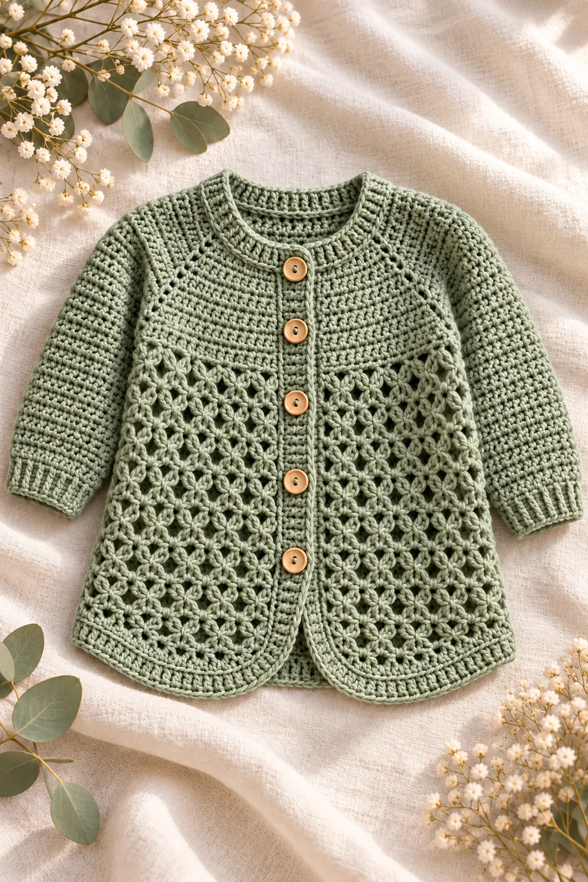 Close view of stitches and finishing on crochet sage trellis longline baby cardigan