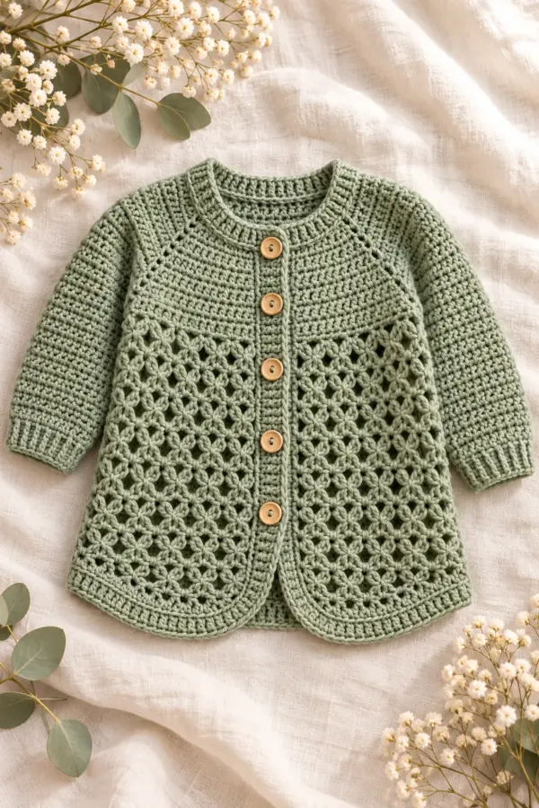 Sage crochet longline baby cardigan with open trellis body and solid raglan sleeves