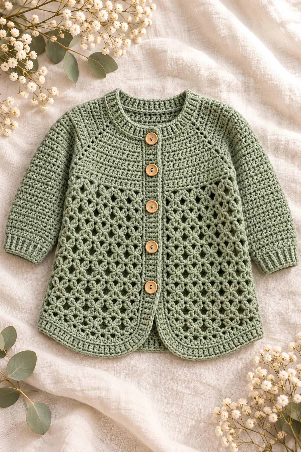 Sage crochet longline baby cardigan with open trellis body and solid raglan sleeves