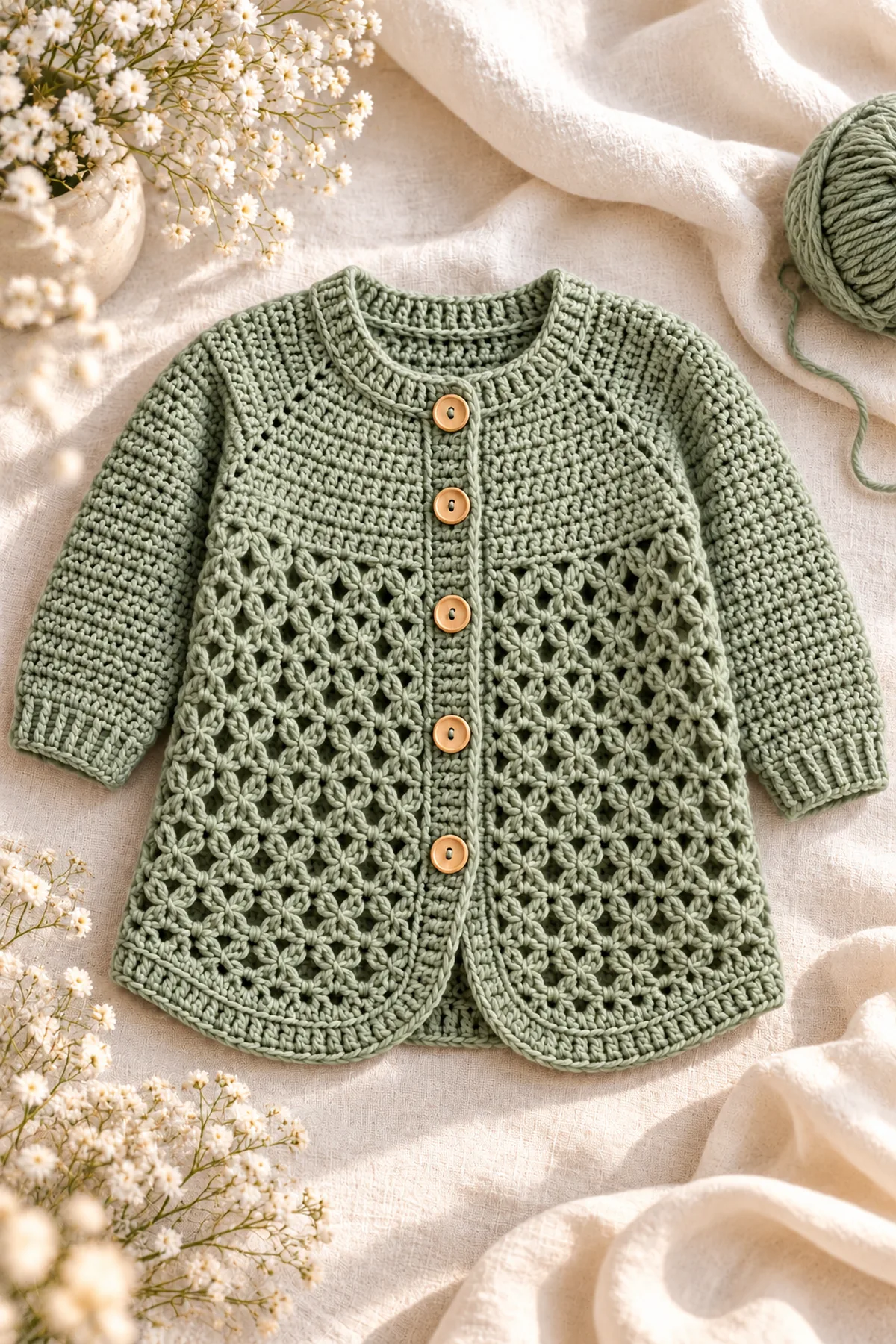 Finished crochet sage trellis longline baby cardigan in a softly lit neutral setting