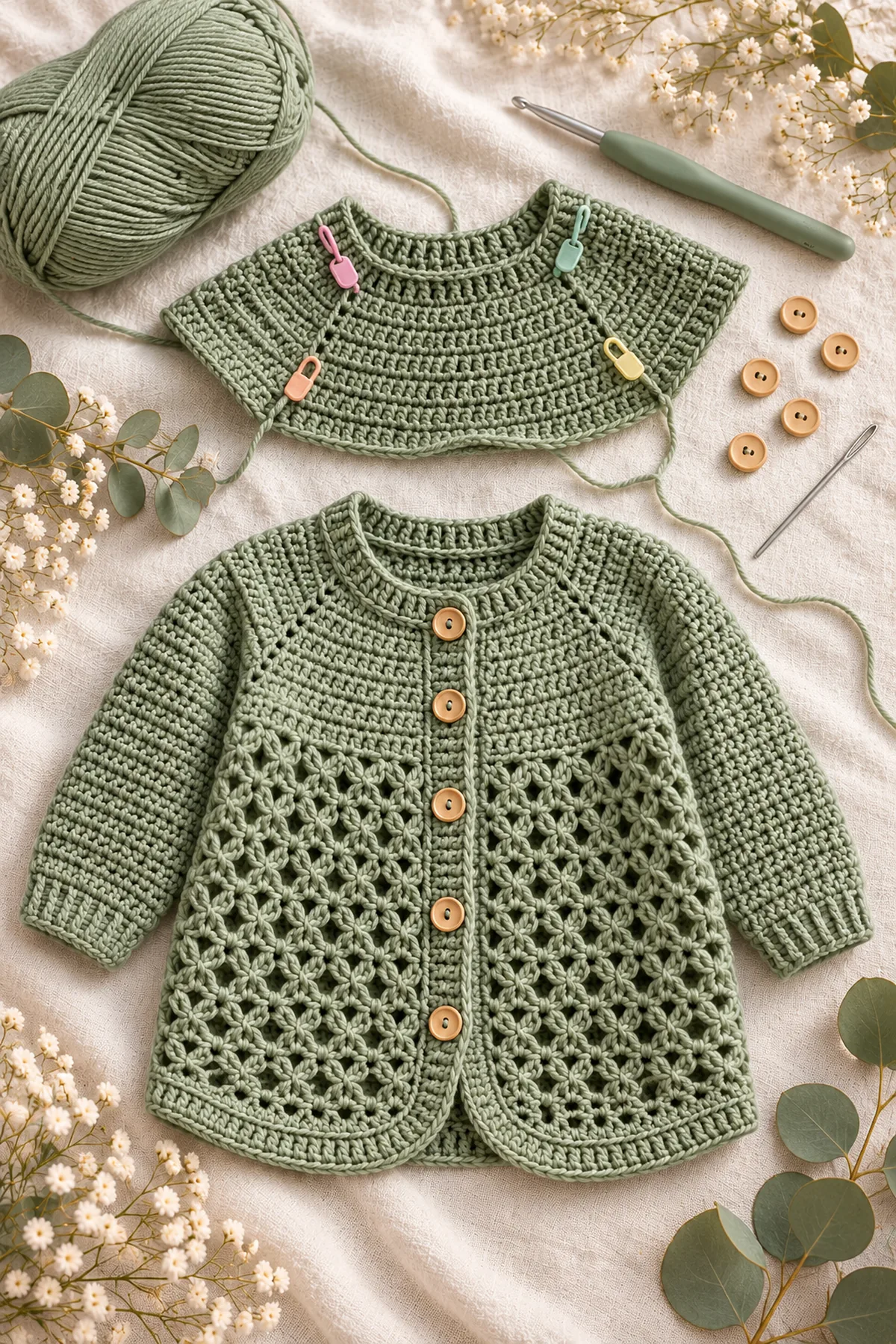 Yarn, hook, markers and tools for crochet sage trellis longline baby cardigan