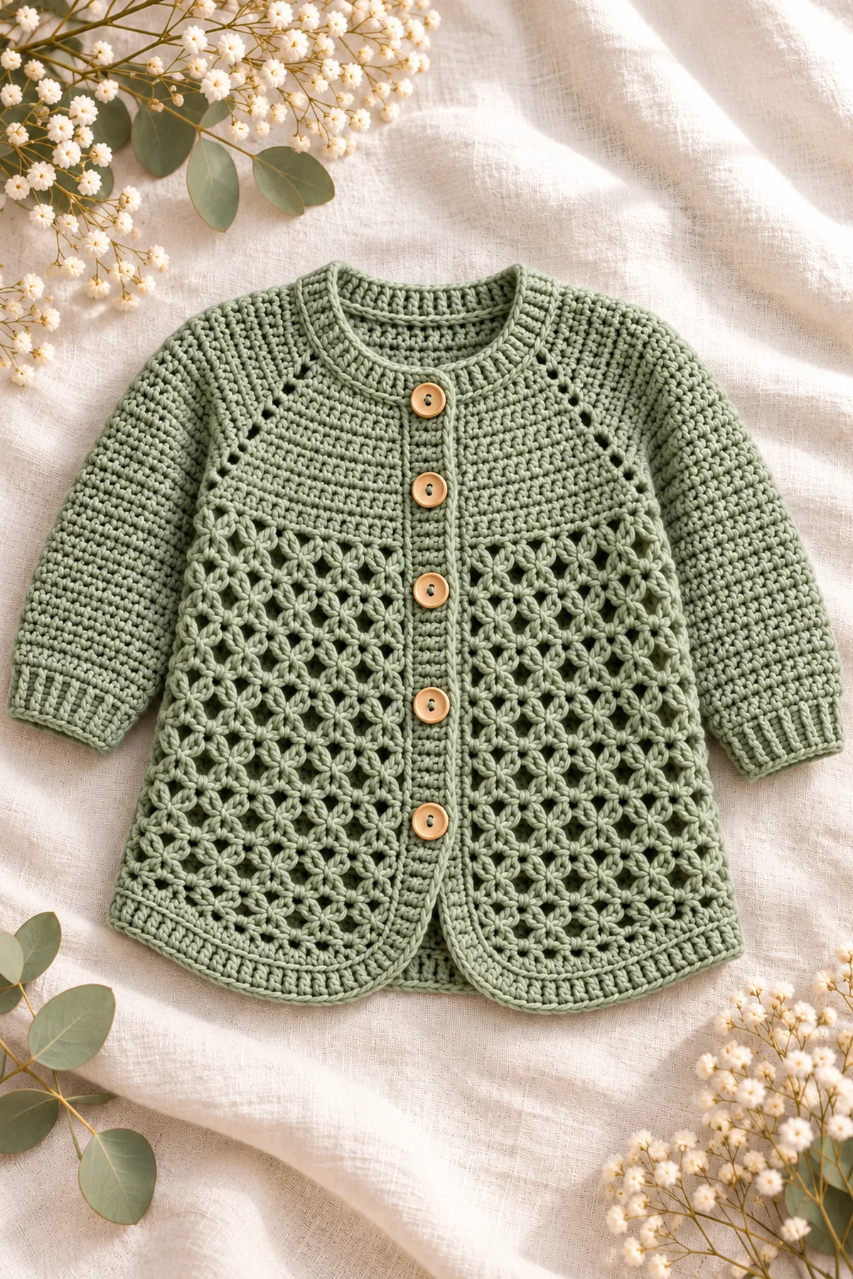 Early construction stage of crochet sage trellis longline baby cardigan