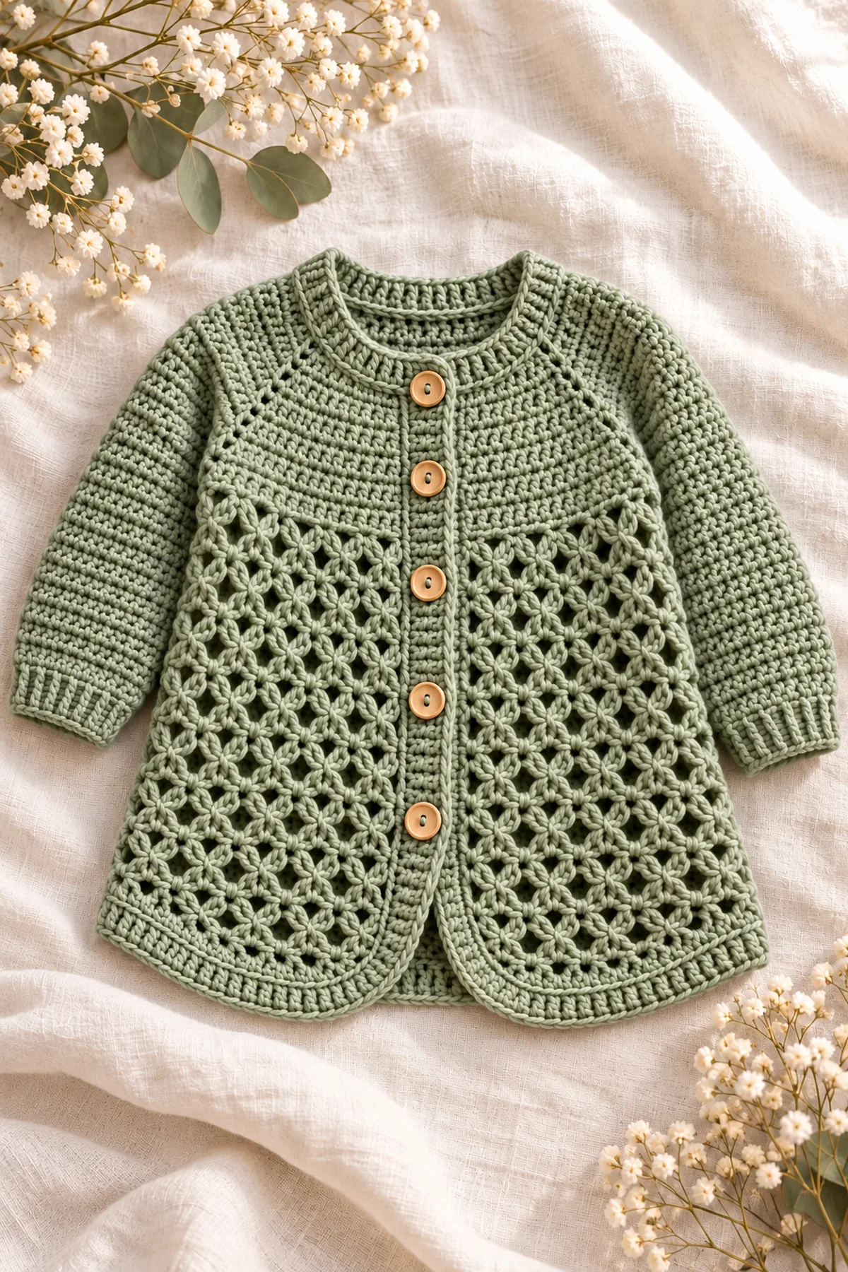 Shaping and assembly stage of crochet sage trellis longline baby cardigan