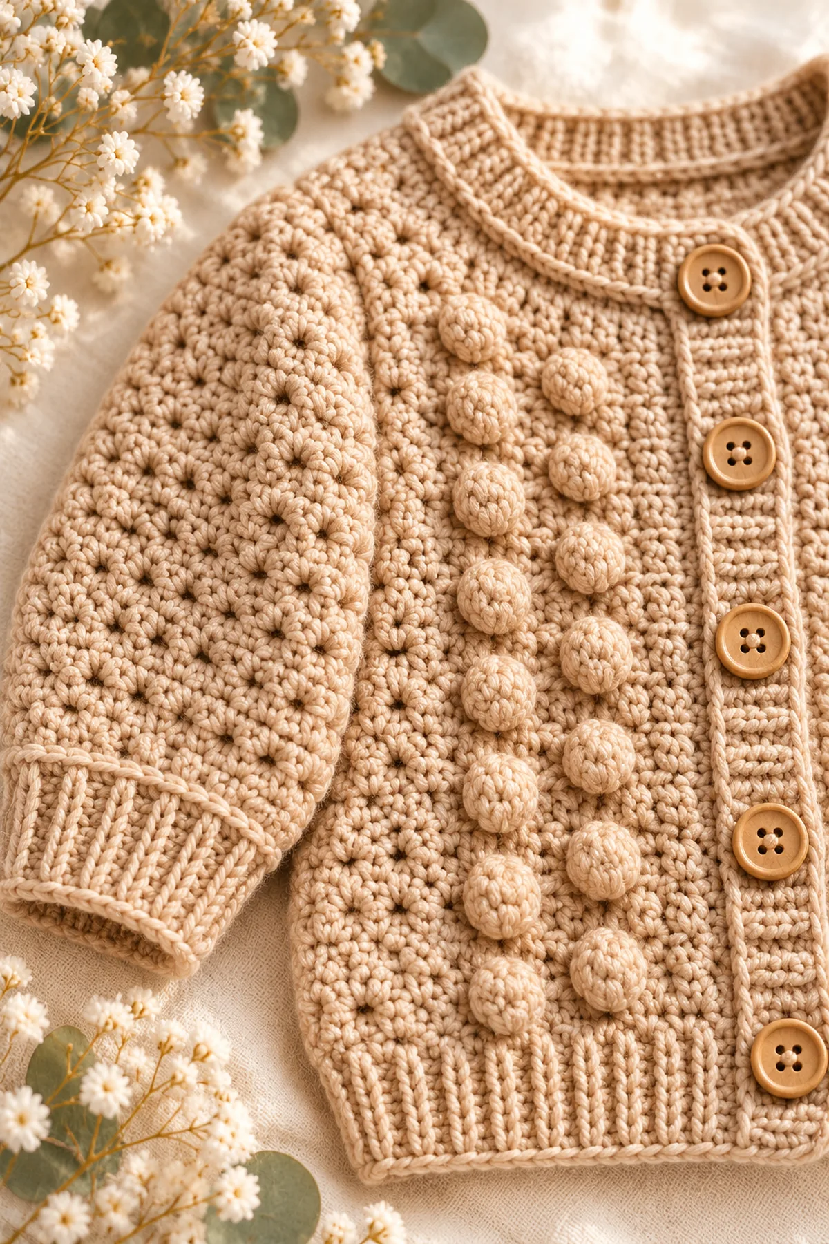 Close view of stitches and finishing on crochet sandstone bobble-panel baby cardigan