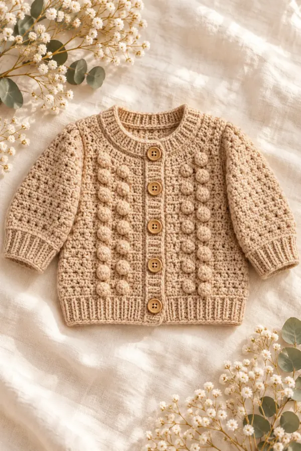 Warm sandstone crochet baby cardigan with mirrored bobble panels and set-in sleeves