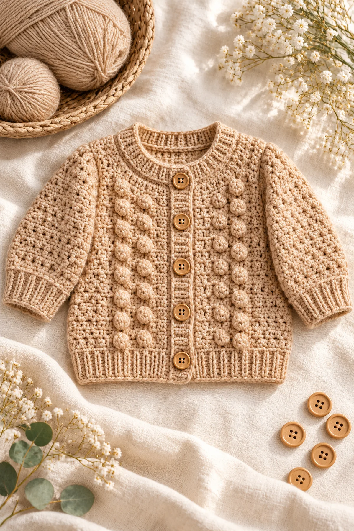 Finished crochet sandstone bobble-panel baby cardigan in a softly lit neutral setting