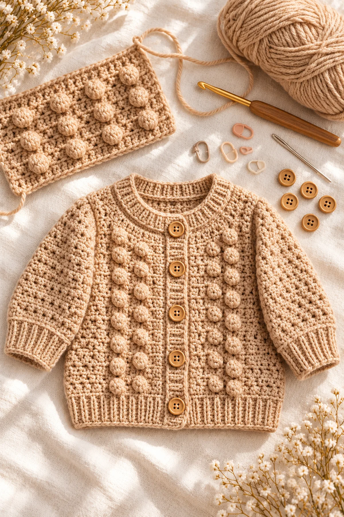 Yarn, hook, markers and tools for crochet sandstone bobble-panel baby cardigan