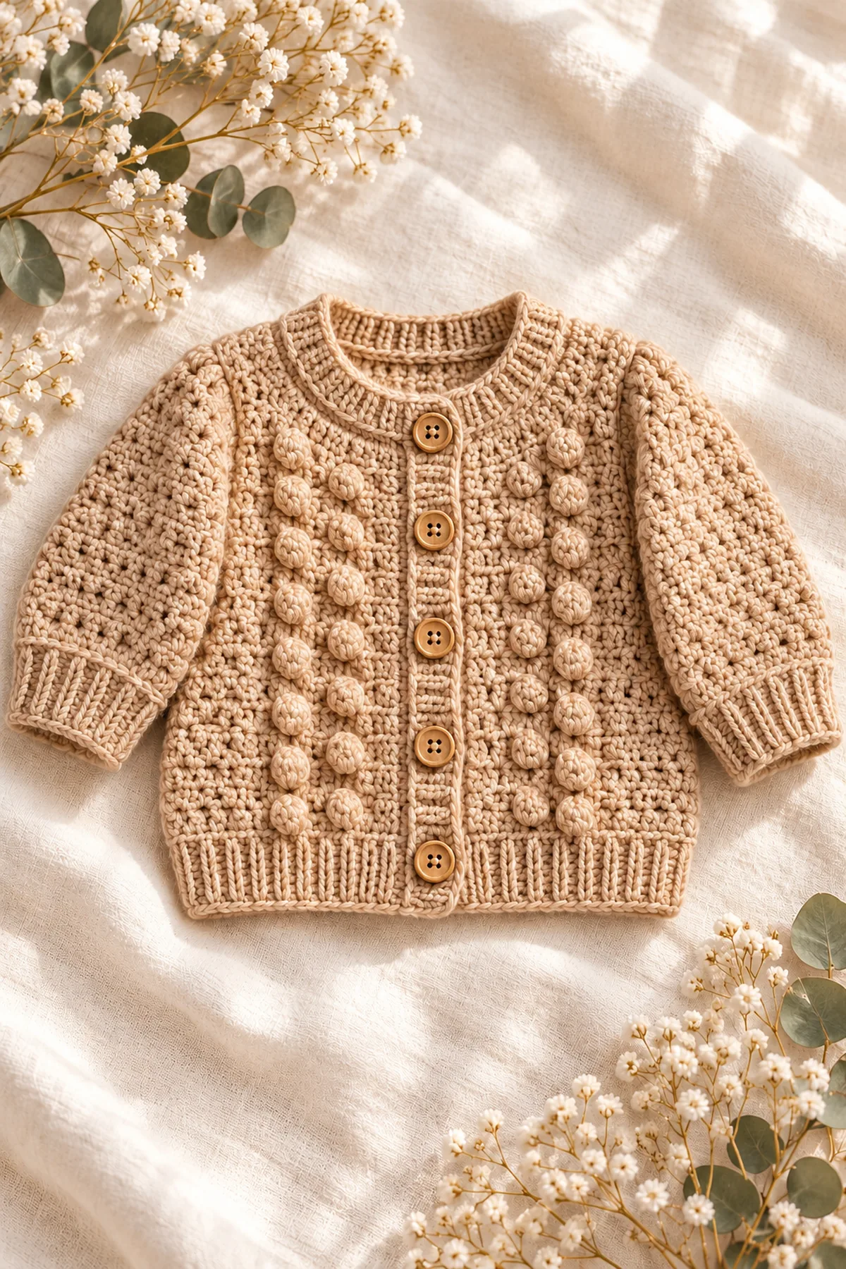 Early construction stage of crochet sandstone bobble-panel baby cardigan