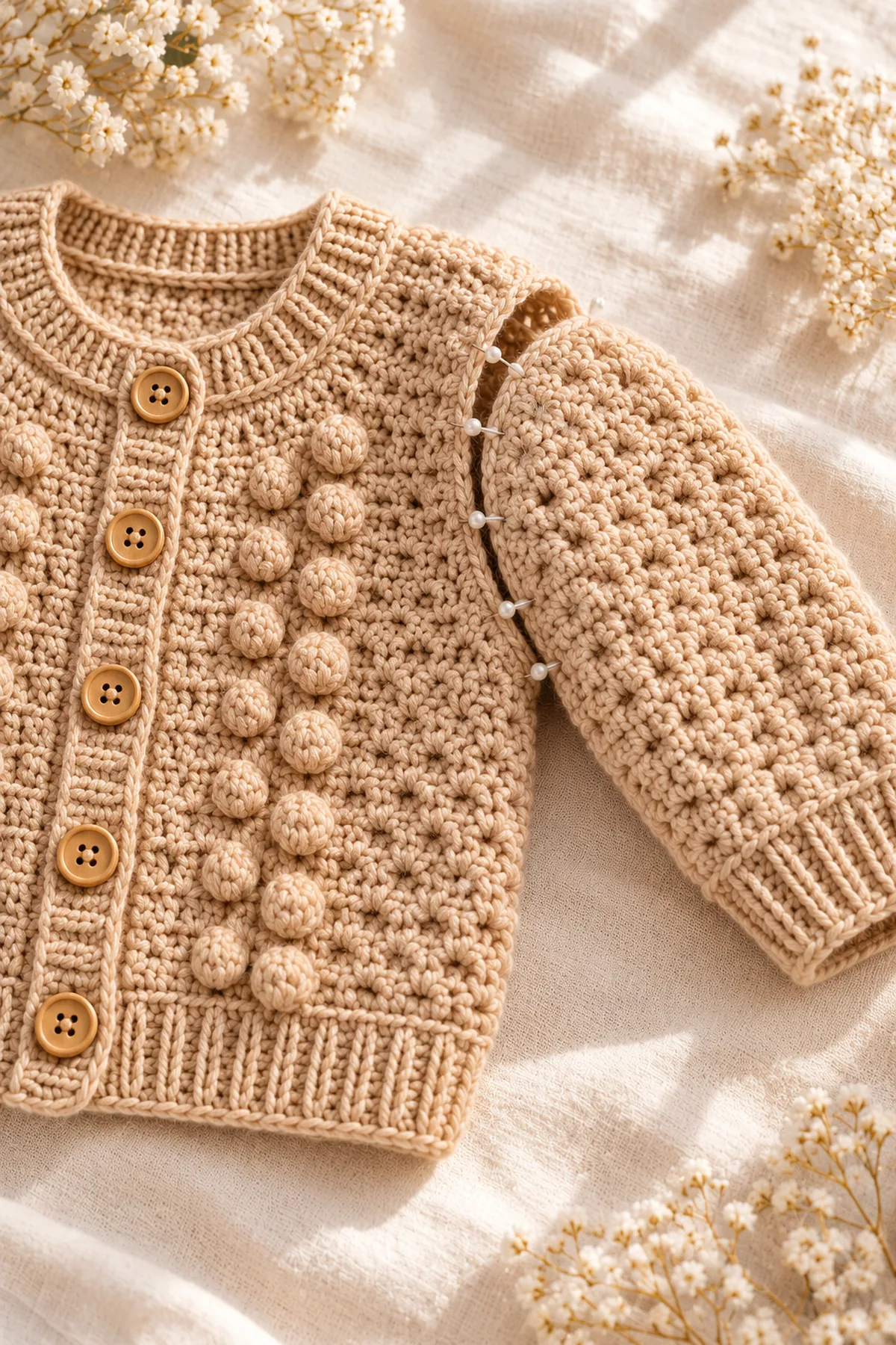 Shaping and assembly stage of crochet sandstone bobble-panel baby cardigan