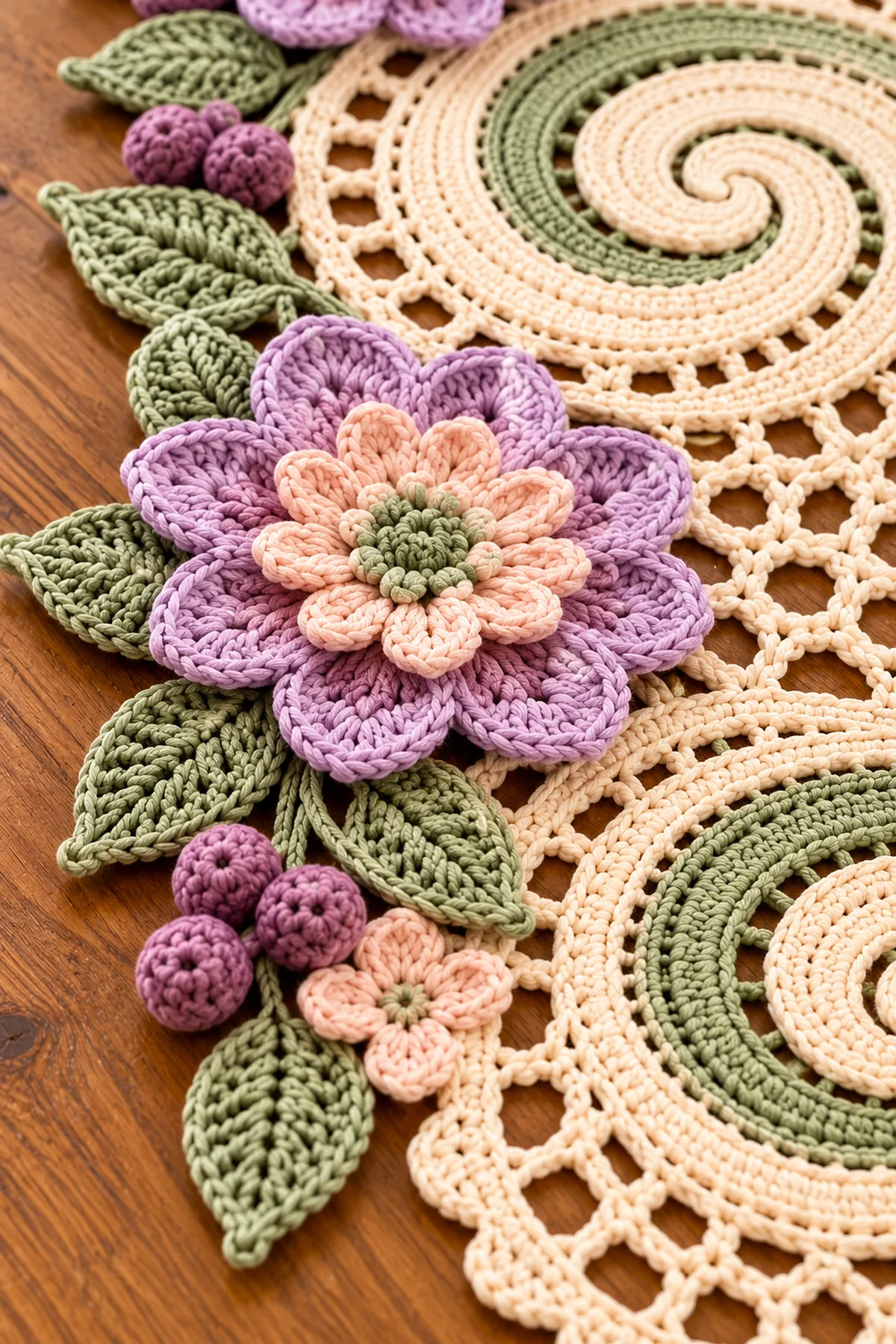 Close detail of layered lilac and blush crochet flower, sage pointed leaves and four mauve crochet berries sewn beside an open cream mesh bridge