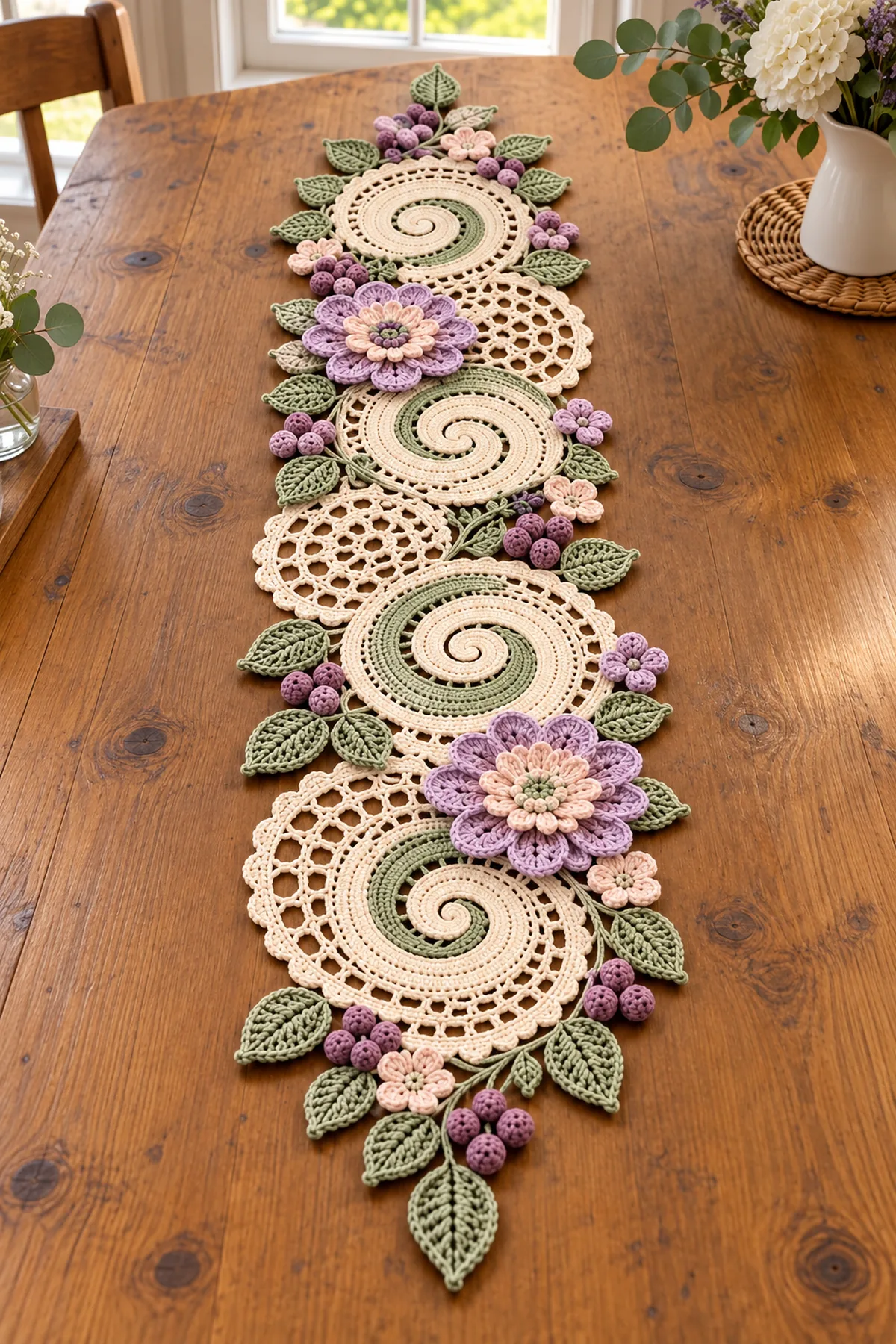Vintage floral lace crochet runner on a wooden table, with four cream circular medallions carrying raised sage four-turn spirals, three open cream mesh panels, layered lavender flowers, 16 sage leaves and mauve berry clusters; no separate placemats