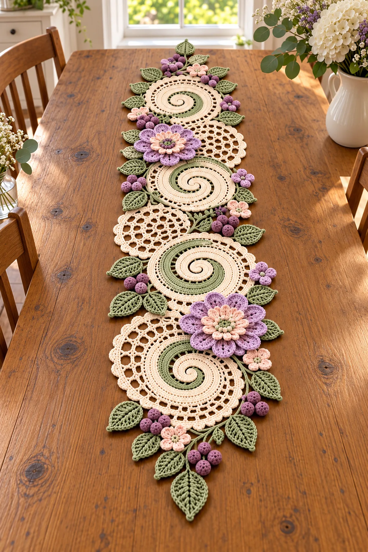 Completed vintage floral lace crochet table runner with four sage spiral medallions, three open cream bridges, two large layered flowers, six small blossoms, sage leaves and mauve berry clusters on a wooden dining table