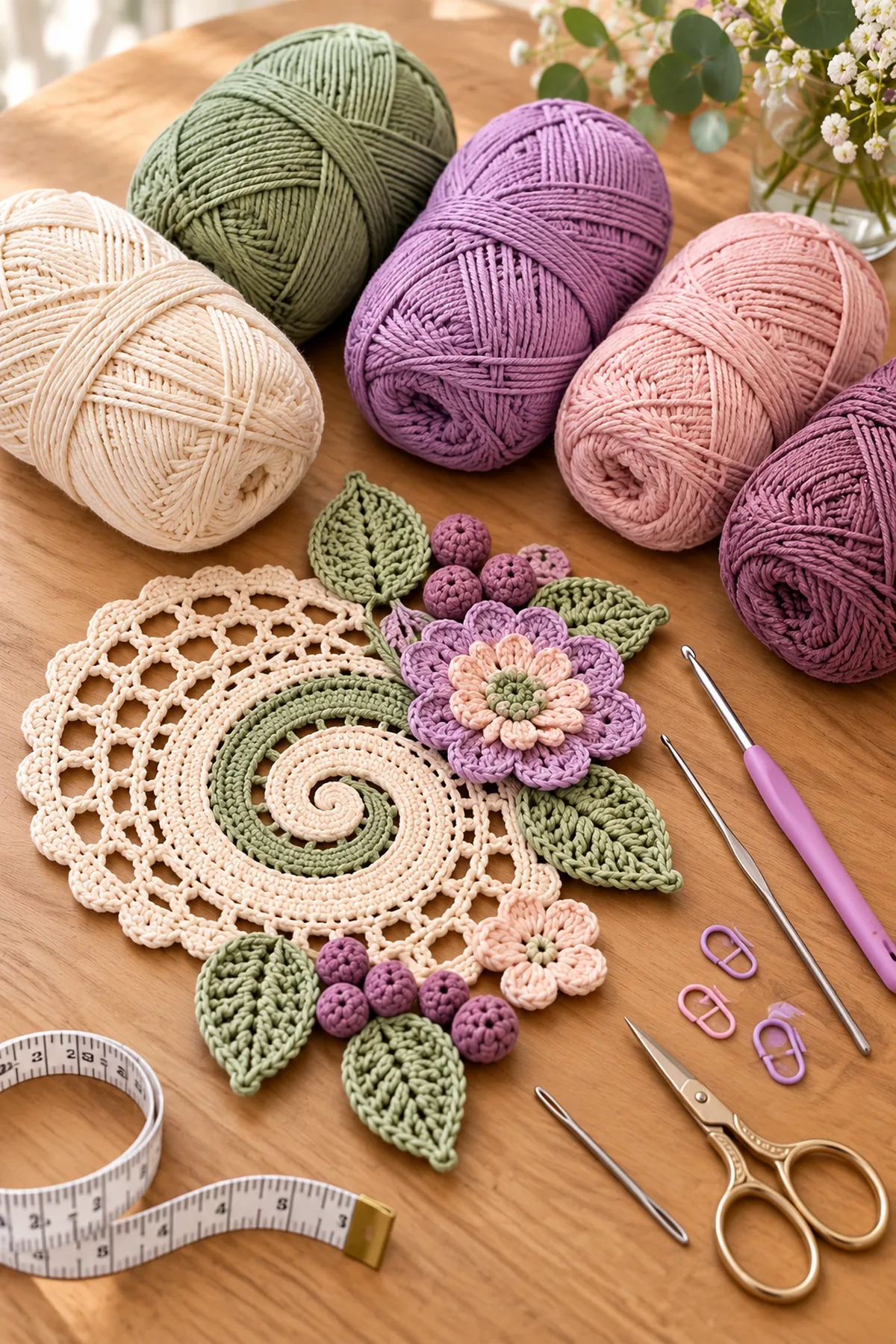 Warm ivory, sage, lilac, blush and muted mauve DK cotton yarn, crochet hooks, stitch markers, measuring tape and tapestry needle arranged for a floral lace table runner